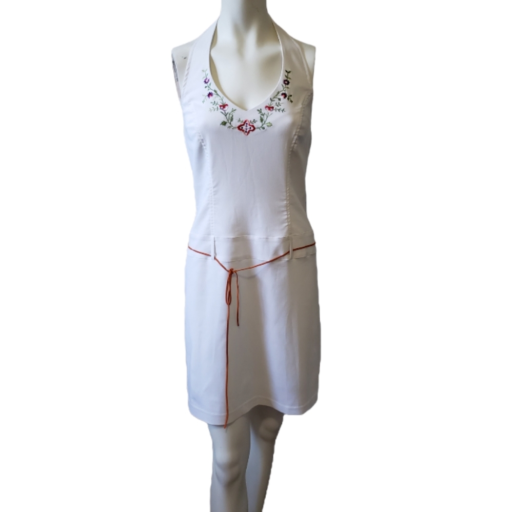Wrapper A-List large white vintage halter mini dress w floral design